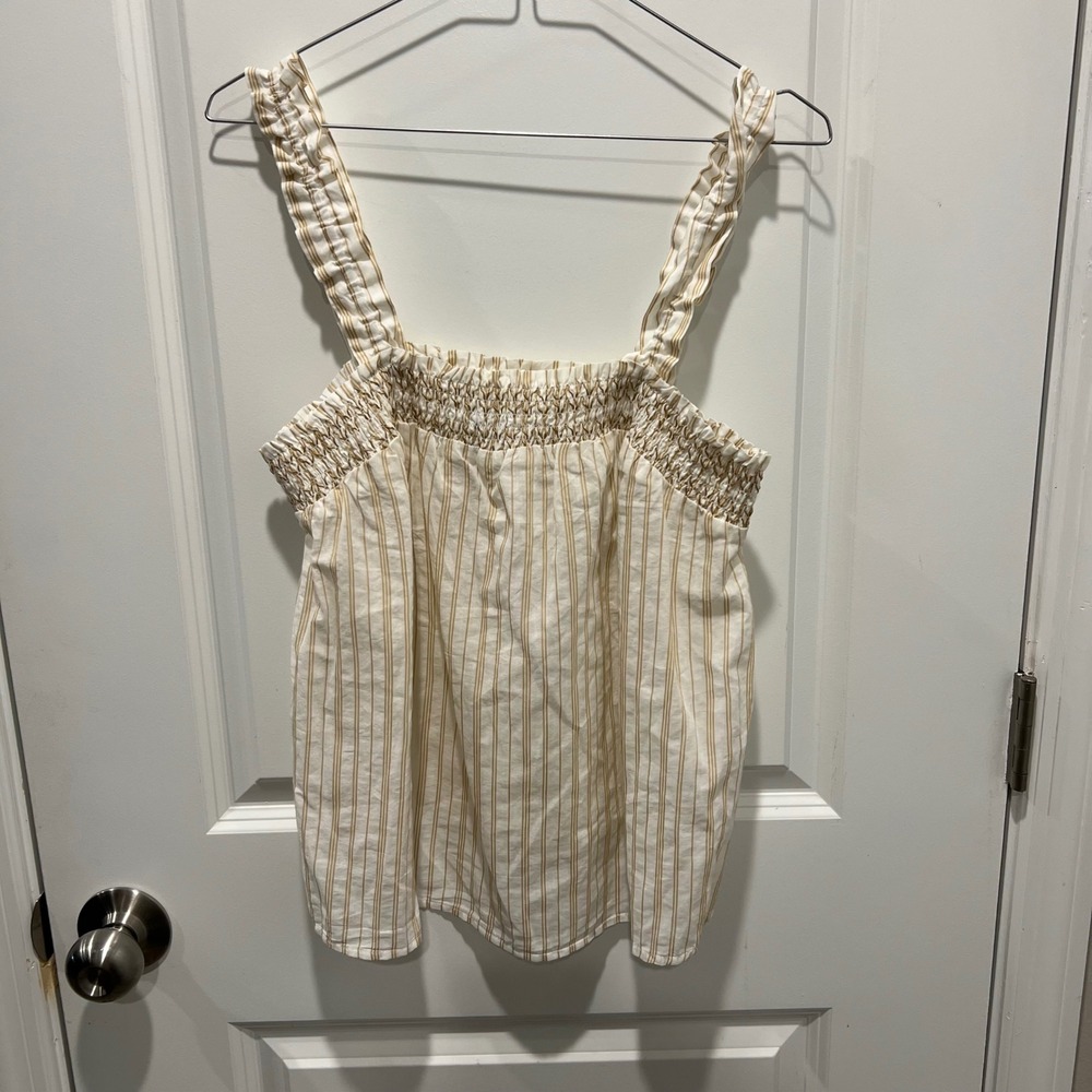 Banana Republic Women Smocked Striped Cotton Ruffle Tank Tan White‎ XS NWT